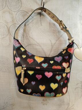 Black Heart-Print Shoulder Bag with Tan Trim